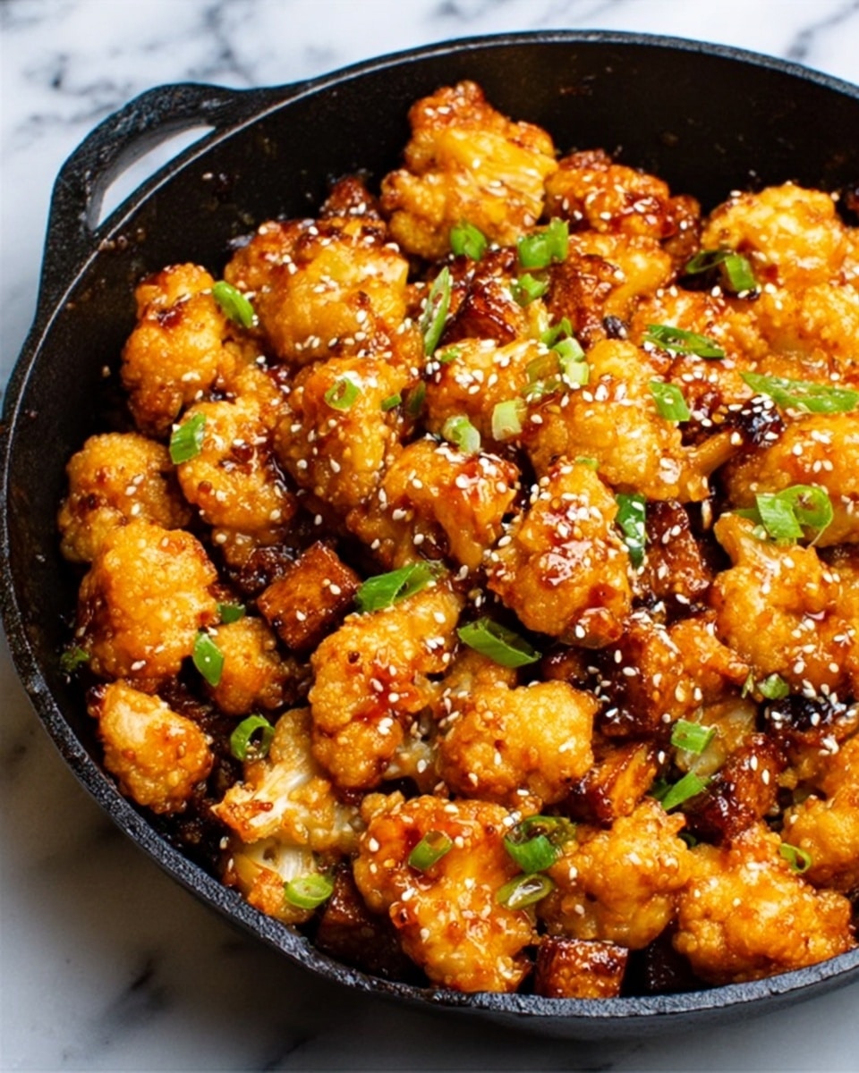 The image shows a white bowl filled with white rice on one side and crispy golden-brown cauliflower pieces on the other. The cauliflower is coated in a shiny, orange glaze and topped with white sesame seeds and small green onion slices, adding pops of color and texture. The bowl is set on a white marbled surface, with a pair of dark wooden chopsticks resting nearby. Photo taken with an iphone --ar 4:5 --v 7