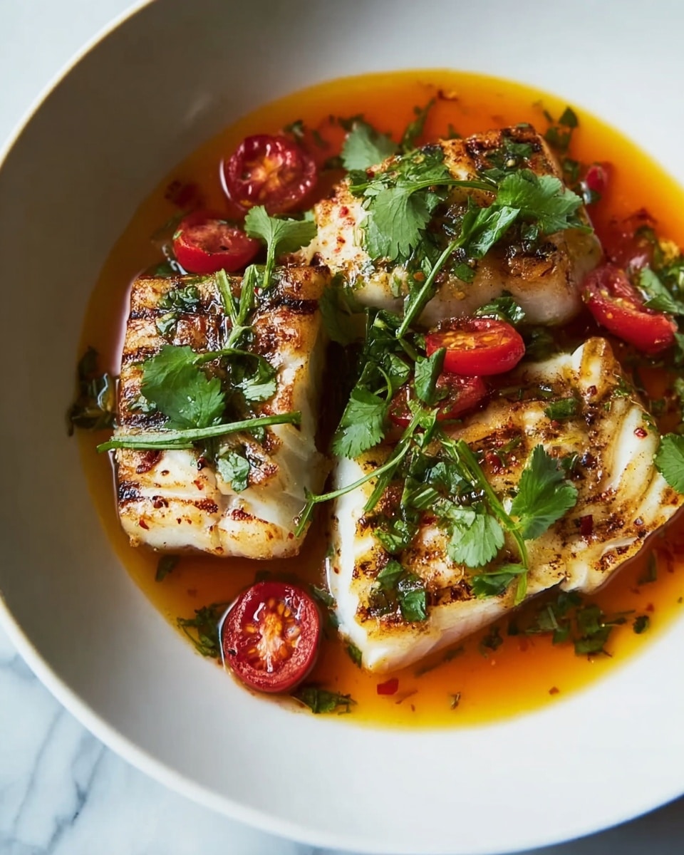 A white bowl holds three thick pieces of white fish arranged close together, each piece topped with a chunky red sauce made of diced tomatoes and herbs, giving a textured look. The fish sits partly submerged in a golden yellow oil-based sauce that spreads across the bottom of the bowl. Fresh green parsley leaves are scattered around and on top of the fish, adding a fresh pop of color. The bowl is set on a white marbled surface. photo taken with an iphone --ar 4:5 --v 7