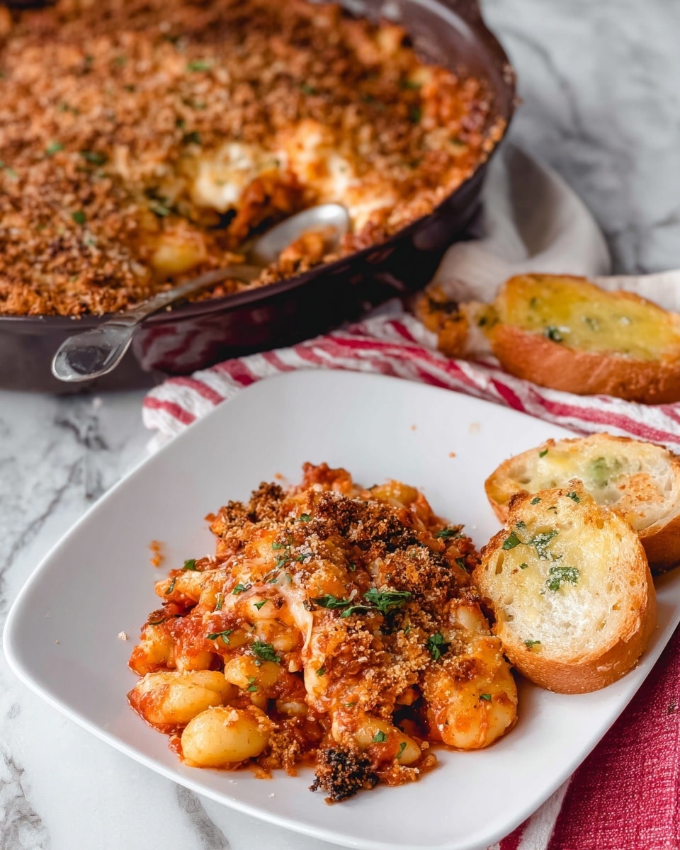 The image shows a white square plate with a serving of baked pasta layered with golden brown crispy breadcrumbs on top, melted cheese underneath, and a rich red tomato sauce mixed with small gnocchi pieces forming the base layer. The pasta is sprinkled with small green herbs adding color contrast. Next to the pasta, there are two slices of bread with melted butter visible on top. In the background, there is a dark round baking dish filled with more baked pasta with a thick, browned breadcrumb crust, resting on a white marbled surface with a red and white striped cloth partially visible. Photo taken with an iphone --ar 4:5 --v 7