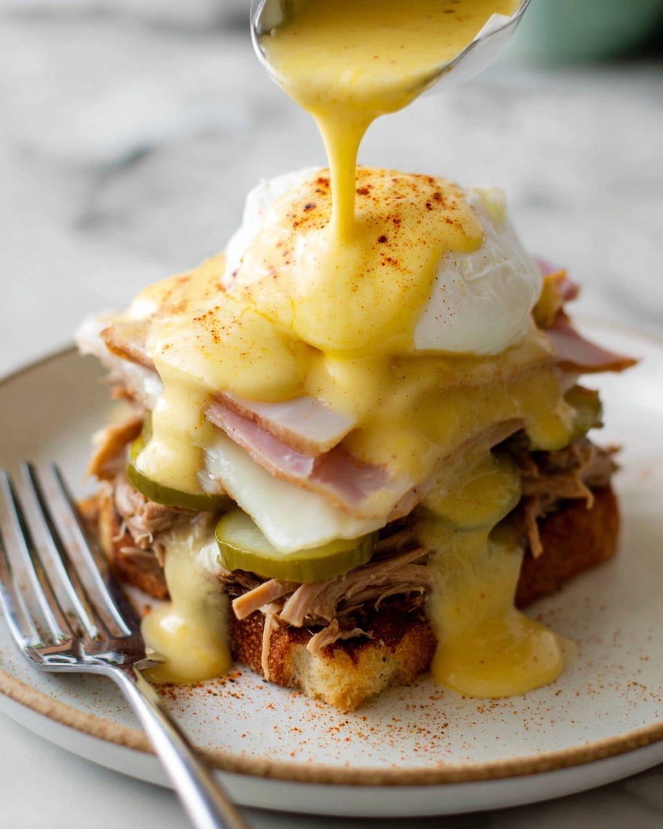 A stack of several layers of food sits on a white plate with a fork on its left side, placed on a white marbled surface. The bottom layer is shredded meat with a soft brown color and juicy texture. Above that is a layer of green pickle slices, followed by a thick slice of toasted bread showing a light golden crust and soft inside. On top of the bread are folded slices of light pink ham and melted cheese with a pale yellow-white tone that covers the meat and bread. Resting on the cheese is a perfectly poached egg with smooth white edges. Bright yellow hollandaise sauce is being poured from a spoon over the egg, flowing down the layers with some specks of orange-red spice sprinkled on top. Photo taken with an iphone --ar 4:5 --v 7