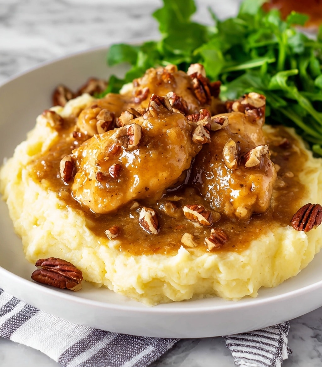 The dish shows a white plate with a base layer of creamy mashed potatoes, soft and smooth in texture, topped with a thick layer of brown gravy that has a glossy, slightly chunky texture with visible black pepper flecks. On top of the gravy are large pieces of tender chicken, coated well with the sauce. Scattered over everything are chopped pecan halves adding a touch of crunch and dark brown color. To the side of the plate is a small pile of fresh, bright green leafy greens that add color contrast. The plate sits on a dark textured cloth with a white marbled surface visible underneath, and in the background there is a clear glass with an amber liquid and a blue package of pecan halves. Photo taken with an iphone --ar 4:5 --v 7