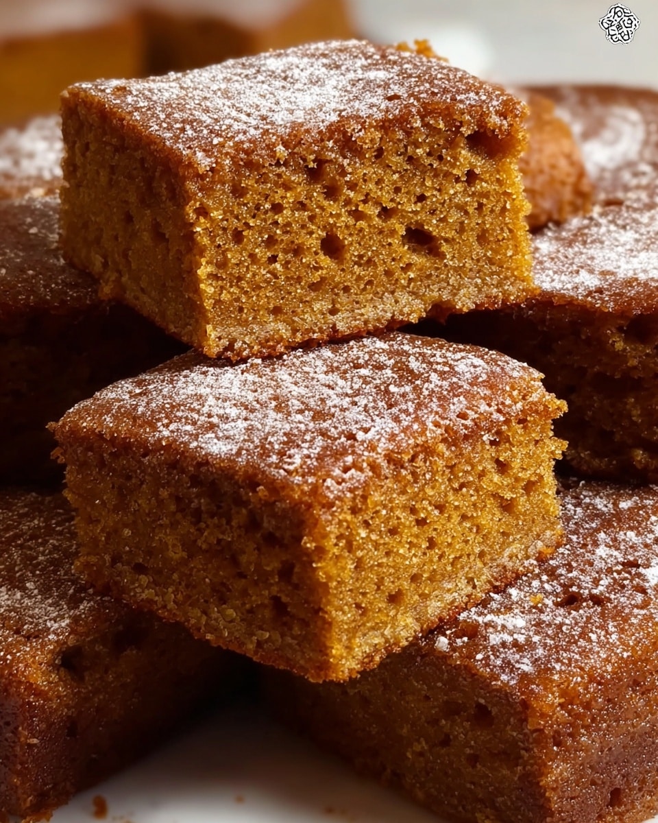 The image shows several square pieces of a moist, golden-brown cake stacked close together. Each piece has a dense texture with a slightly crumbly top layer dusted with fine powdered sugar, adding a light sparkle. The cake has a consistent moist interior with small air holes visible throughout, giving it a soft appearance. The top surface is a warm brown with a slightly rough texture, and the edges are sharp and well-defined. The background is a white marbled texture. photo taken with an iphone --ar 4:5 --v 7