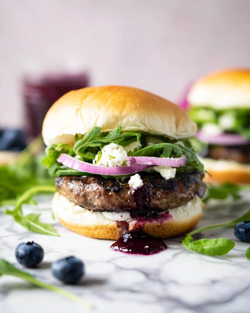 A close-up of a burger on a white bun with a thick, dark brown grilled beef patty as the main layer, topped with bright green arugula leaves, thin slices of pale red onion, and creamy white cheese dotted on top. A rich, dark purple sauce, slightly dripping down the side and pooling on the white marbled surface beneath, adds a shiny texture. Fresh blueberries and green leafy sprigs scattered around the burger enhance the freshness, while the background shows a blurred second burger and some green leaves. Photo taken with an iphone --ar 4:5 --v 7