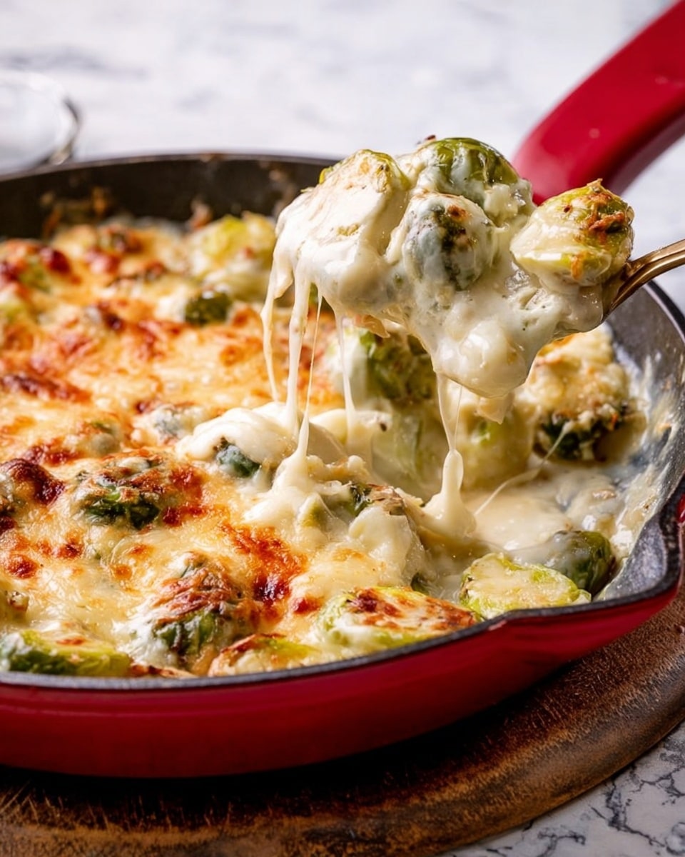 A close-up of a round skillet filled with creamy cheesy Brussels sprouts. The dish has one main layer of light green Brussels sprouts covered in a thick layer of melted cheese that is golden brown on top and stretchy as a spoon lifts some sprouts out. The skillet has a red handle and the background is a white marbled texture. Photo taken with an iphone --ar 4:5 --v 7