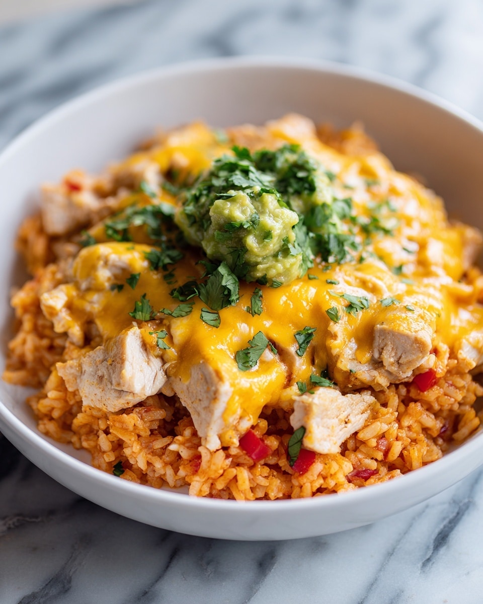 A close-up view of a dish served in a white bowl featuring three main layers. The bottom layer consists of orange-colored Mexican rice with small red and green pieces mixed in, giving it a textured look. On top of the rice, there are chunks of cooked chicken scattered evenly, showing a light beige color with a tender texture. The top layer is melted yellow cheese, spread over the chicken and rice, adding a creamy and slightly glossy finish. Small green dollops of guacamole and fresh chopped cilantro are sprinkled on top, adding pops of green color and freshness. The bowl sits on a white marbled surface. photo taken with an iphone --ar 4:5 --v 7
