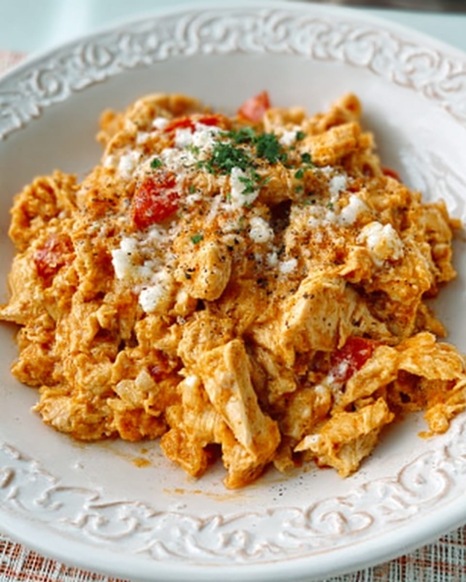 The image shows a white plate with a decorative edge, holding a single-layered dish of scrambled eggs mixed with small pieces of chicken and diced tomatoes, all cooked together in a light orange color typical of a spicy or seasoned egg dish. The top is sprinkled with melted white cheese and some black pepper. The texture looks soft and slightly creamy with visible chunks of ingredients. Photo taken with an iphone --ar 4:5 --v 7