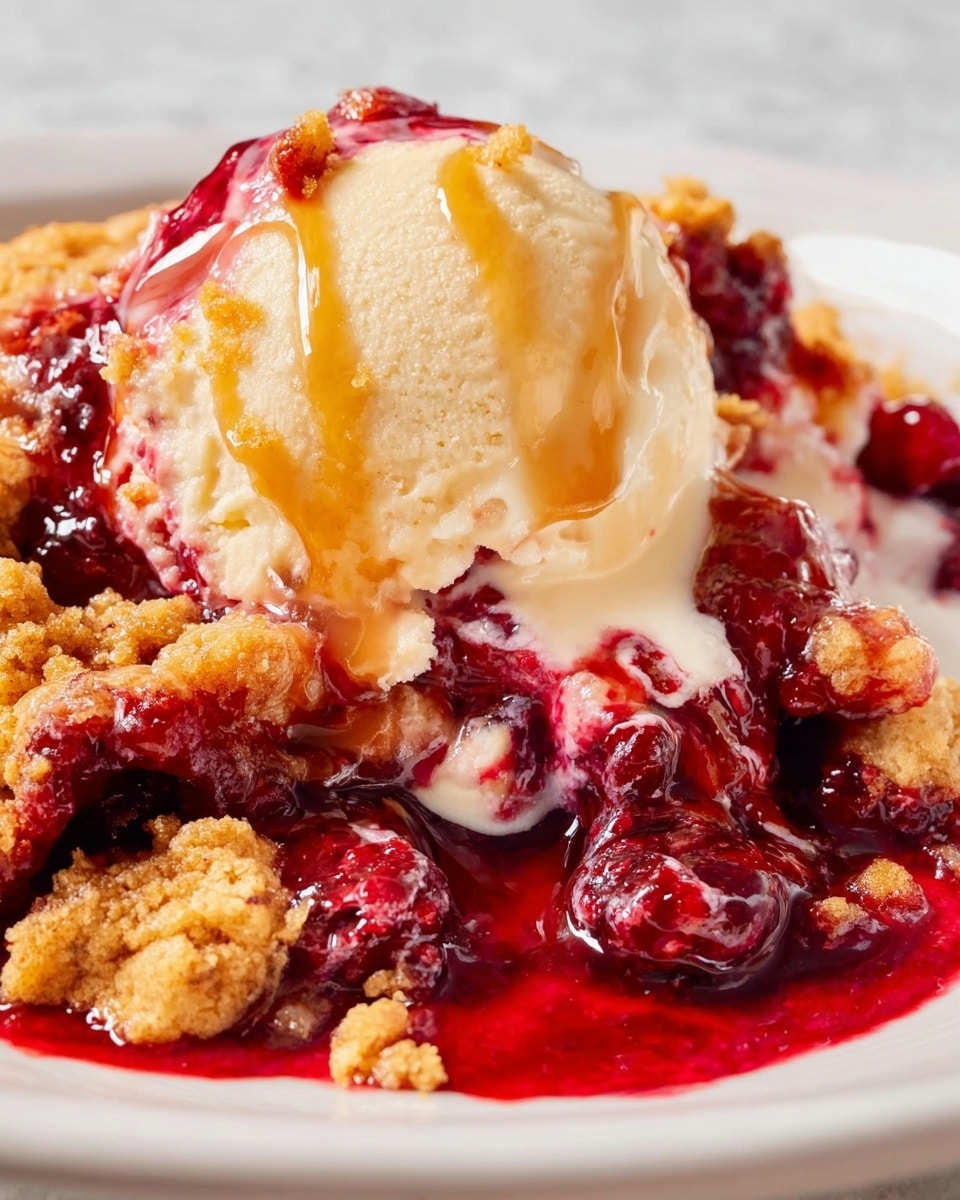The image shows a close-up of a dessert on a white plate with a white marbled background, featuring a scoop of creamy, light beige vanilla ice cream melting over a warm, deep red berry compote mixed with chunks of a golden brown, crumbly crust. The berry sauce is glossy and thick, oozing around the ice cream and the crust pieces, which have a rough and crunchy texture. Some caramel-colored syrup drizzles across the ice cream, adding a shiny contrast. The layers create a rich visual mix of creamy, juicy, and crumbly textures with warm and cool colors blending together. photo taken with an iphone --ar 4:5 --v 7
