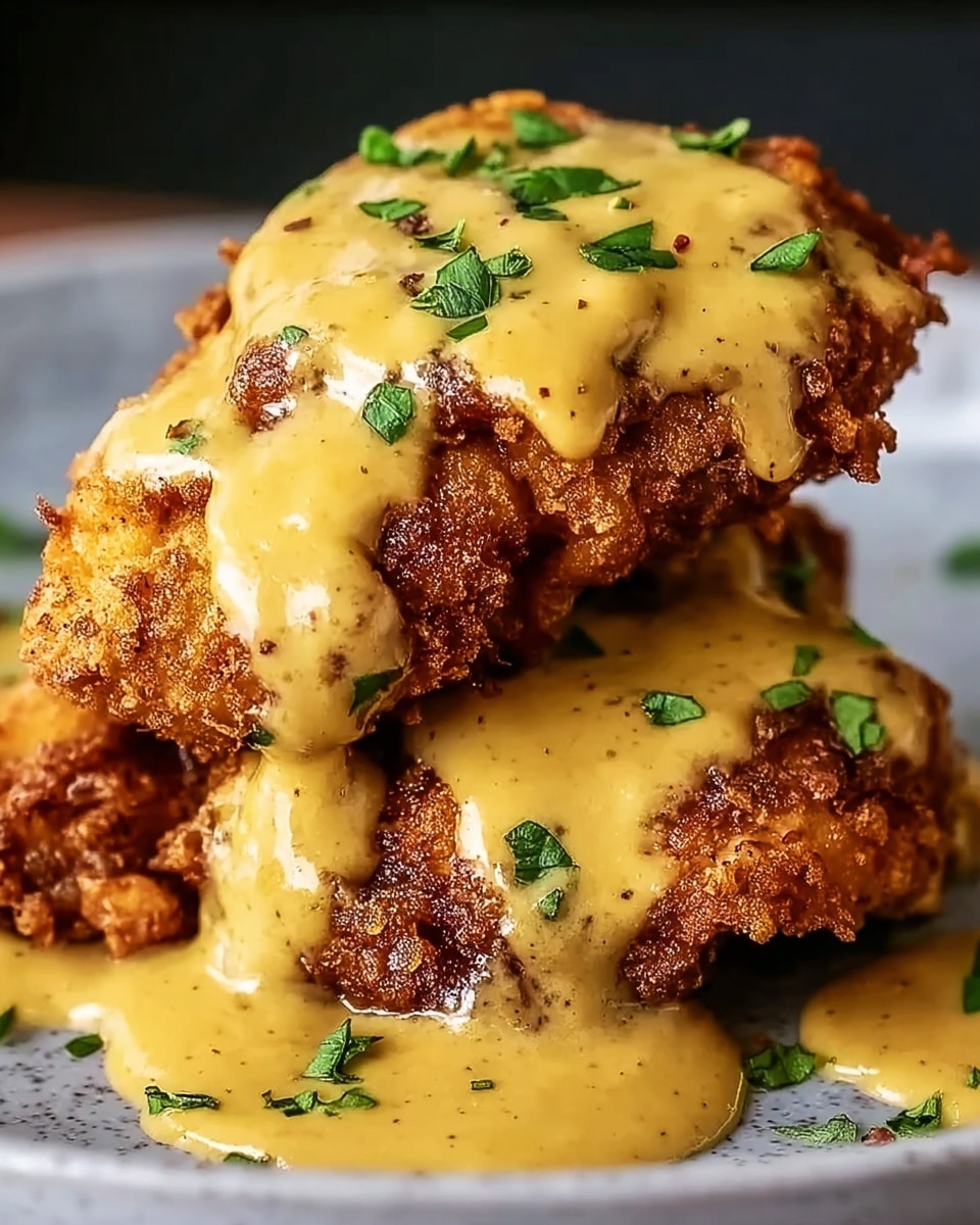 Two pieces of crispy fried chicken stacked on top of each other with a golden brown crunchy texture, covered generously in a smooth, creamy, mustard-yellow sauce. The sauce drips down the sides of the chicken, pooling slightly at the base. Small green herb pieces are sprinkled on top and around the dish. The background features a white marbled texture. photo taken with an iphone --ar 4:5 --v 7