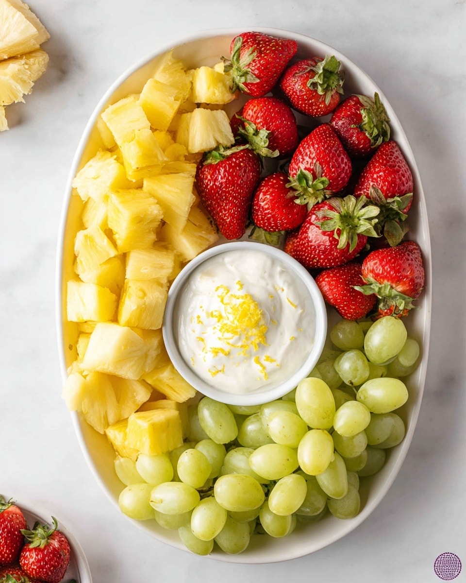 An oval white plate is filled with three sections of fresh fruit surrounding a small white bowl of creamy dip topped with yellow lemon zest. Starting from the left, there is a pile of yellow pineapple chunks with a juicy texture. In the top center, bright red strawberries with green leafy crowns are neatly arranged. On the right side, a bunch of smooth, light green grapes fills the space. The plate sits on a white marbled surface. Photo taken with an iphone --ar 4:5 --v 7