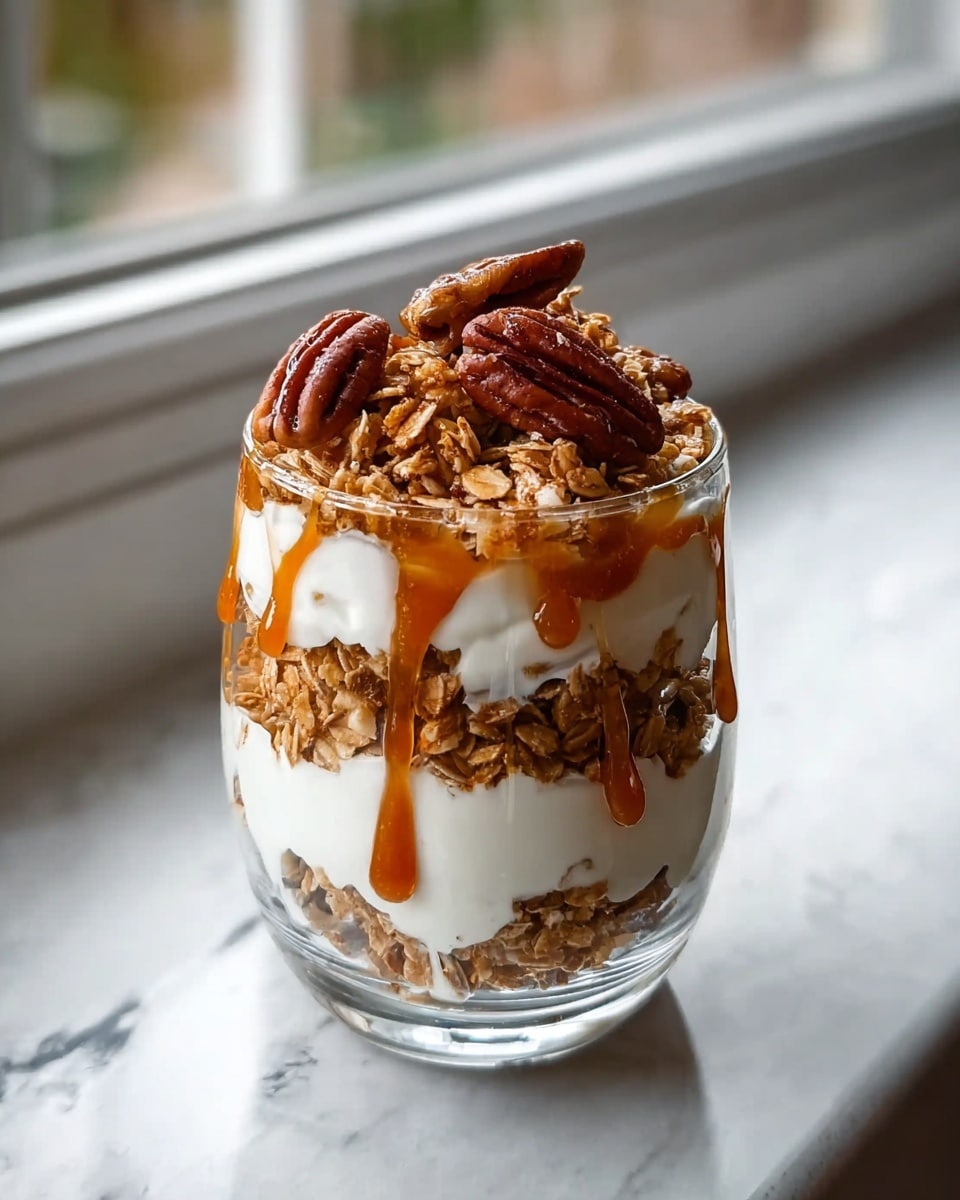 The image shows a dessert in a clear glass cup with four visible layers. The bottom layer is light brown granola with a crunchy texture. Above it is a pale yellow creamy layer, smooth and thick. Next comes another layer of granola, slightly crunched and golden brown, topped with small red berry pieces mixed into a white yogurt layer that looks creamy and soft. The top layer is filled with fresh, shiny dark blue blueberries covering the surface evenly. The background is a white marbled texture, and the photo is taken with an iphone --ar 4:5 --v 7