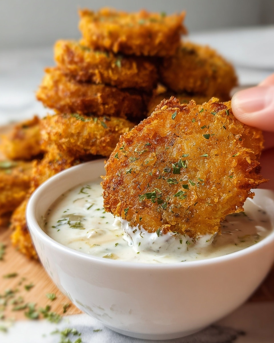 A close-up view of a golden-brown crispy fried nugget with sprinkled green herbs on its textured, crunchy surface, being held by a woman's hand, partially dipped into a white bowl of creamy, white sauce with small green herb pieces mixed in. In the background, there is a stack of more fried nuggets that look crunchy and golden, all placed on a white marbled surface. photo taken with an iphone --ar 4:5 --v 7