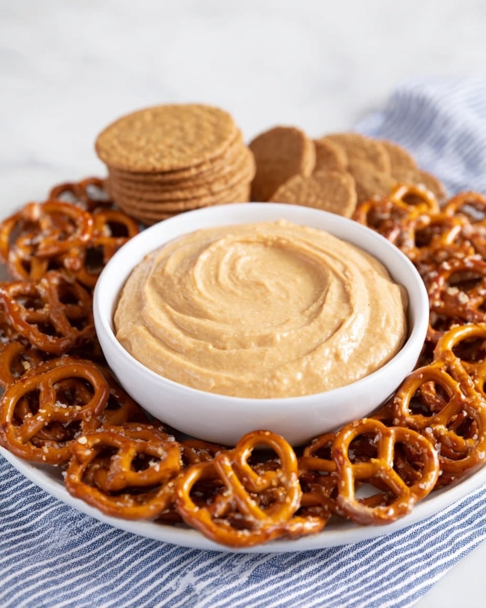 A white plate holds a white bowl filled with a smooth, creamy light tan dip in the center. Surrounding the bowl is a ring of golden-brown pretzels with a shiny, slightly salted surface. Behind the pretzels, there are a few brown round crackers stacked together. The whole setup is placed on a white marbled surface with a blue and white striped cloth underneath the plate. photo taken with an iphone --ar 4:5 --v 7