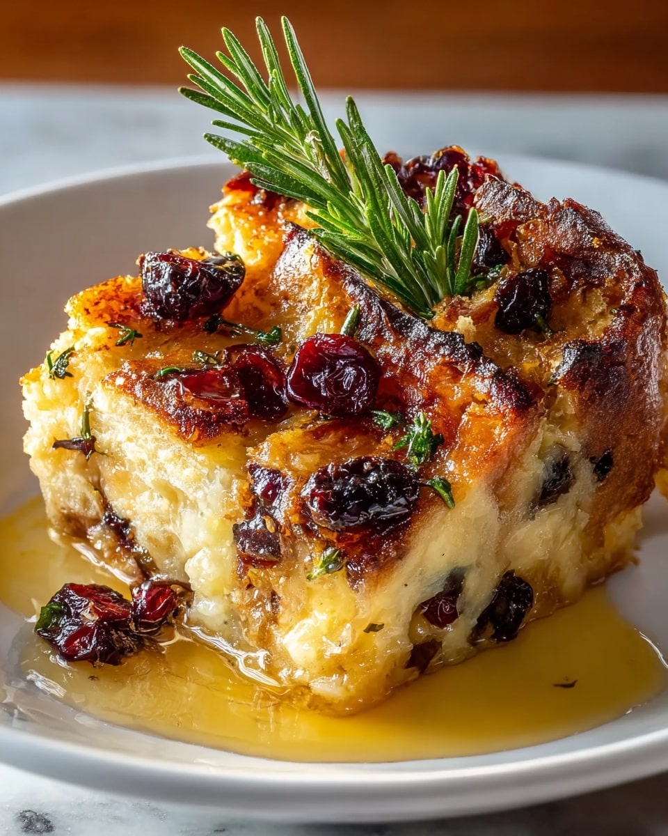 A thick slice of bread pudding with a golden-brown, caramelized top layer showing crispy edges and a slightly oily, shiny texture. The middle layer is soft and creamy with a mix of beige and light yellow colors from the bread and custard. Scattered throughout the pudding are dark red dried cranberries and small green herb pieces, adding pops of color. A fresh sprig of green rosemary is placed on top as decoration. The dish sits on a white plate with a small puddle of syrup or melted butter around the pudding, resting on a white marbled surface. photo taken with an iphone --ar 4:5 --v 7