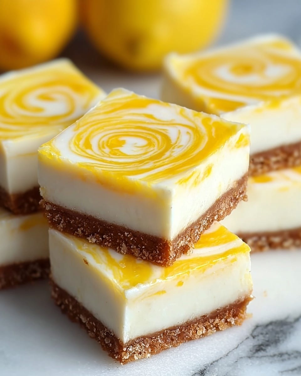 Four square slices of a dessert are shown, each with three layers. The bottom layer is a rough, crumbly brown crust. The middle layer is smooth and creamy white, thicker than the crust. The top layer is thin, with a white base and a bright yellow swirl pattern that looks like lemon sauce or glaze. A white marbled texture is visible under the dessert, and a yellow lemon is blurred in the background. Photo taken with an iphone --ar 4:5 --v 7