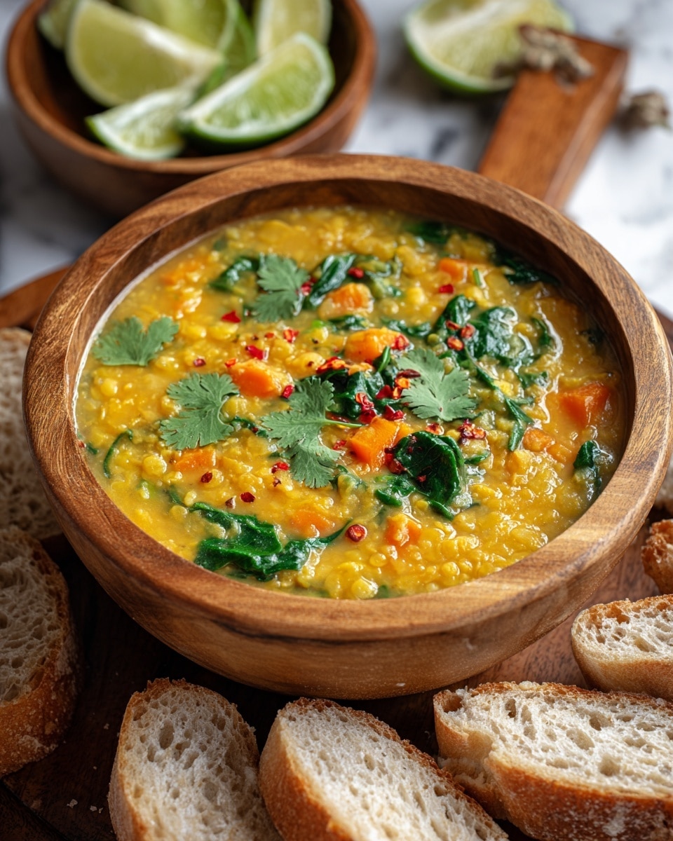 A wooden bowl filled with a thick orange-yellow lentil soup mixed with dark green spinach leaves and small bright red chili pieces on top. The soup has a slightly chunky texture with visible lentils and finely grated orange carrot shreds scattered throughout. In the background, there are slices of crusty bread stacked, showing a soft white inside and a textured brown crust. Near the bowl, two lime wedges rest on a wooden surface. A wooden spoon is partially visible beside the bowl. photo taken with an iphone --ar 4:5 --v 7