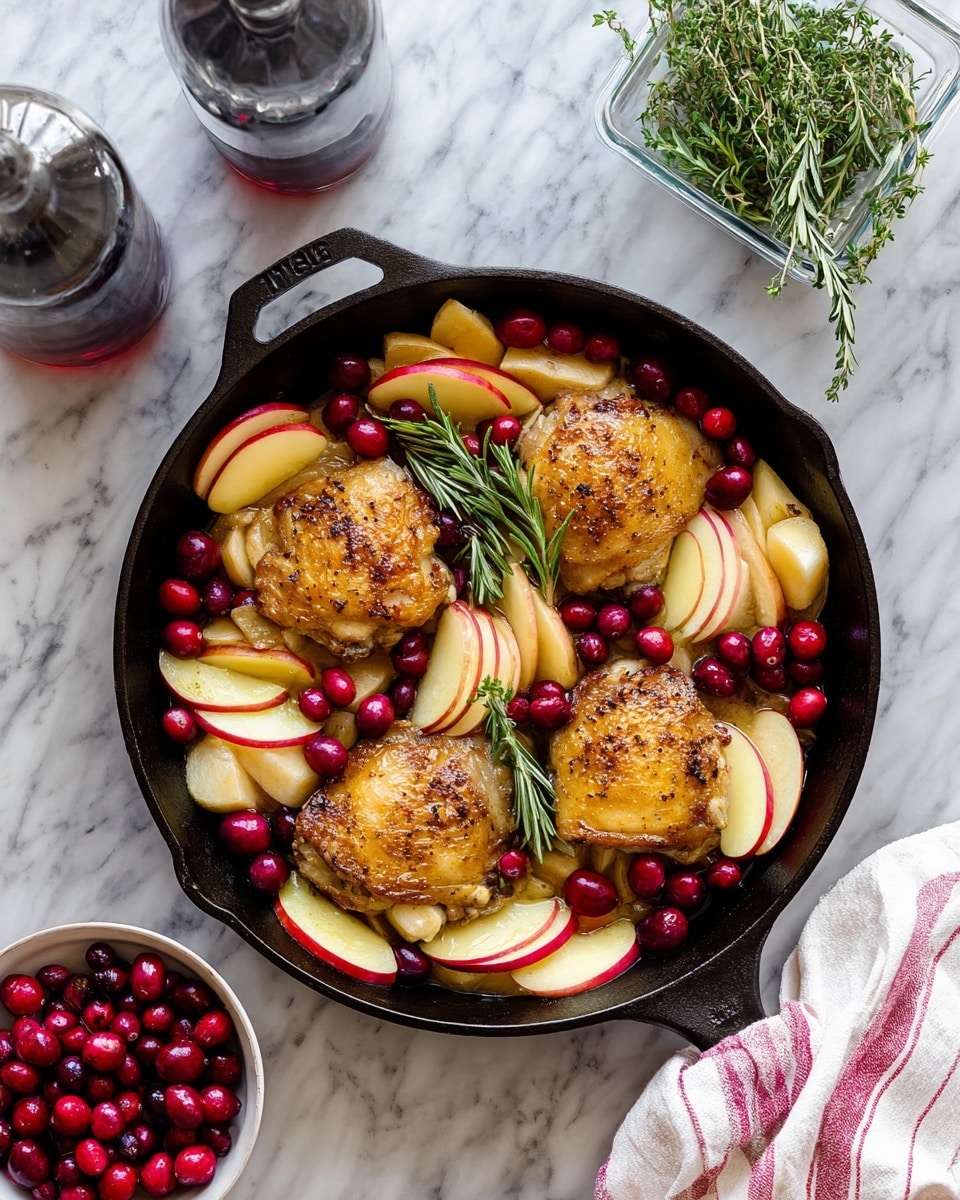 The image shows a black cast iron skillet with four pieces of golden-brown roasted chicken thighs placed in the center. Around the chicken, there are sliced light yellow apples with pink edges and bright red cranberries scattered evenly. A few sprigs of fresh green rosemary are placed on top of the chicken and around the edges of the skillet for garnish. The skillet sits on a white marbled surface, with a glass bottle with dark liquid on the left, a small white cup filled with more cranberries at the bottom left, and a clear plastic container holding more rosemary at the top right. A white and red striped cloth is partially visible on the right side. photo taken with an iphone --ar 4:5 --v 7
