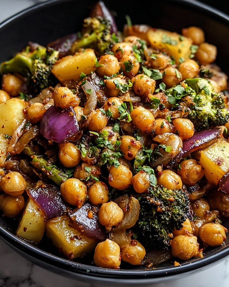 A close-up view of a bowl filled with a chickpea and vegetable stir-fry, showing three main layers: the top layer has scattered green herb pieces adding a fresh touch, beneath that are golden-brown cooked chickpeas with a slightly shiny texture, and the base layer contains diced vegetables including pale yellow potatoes, purple onions, and dark green broccoli, all cooked to a tender look with some charred edges. The dish is served in a deep black bowl placed on a white marbled textured surface, with the lighting highlighting the glistening spices and herbs on the food. photo taken with an iphone --ar 4:5 --v 7