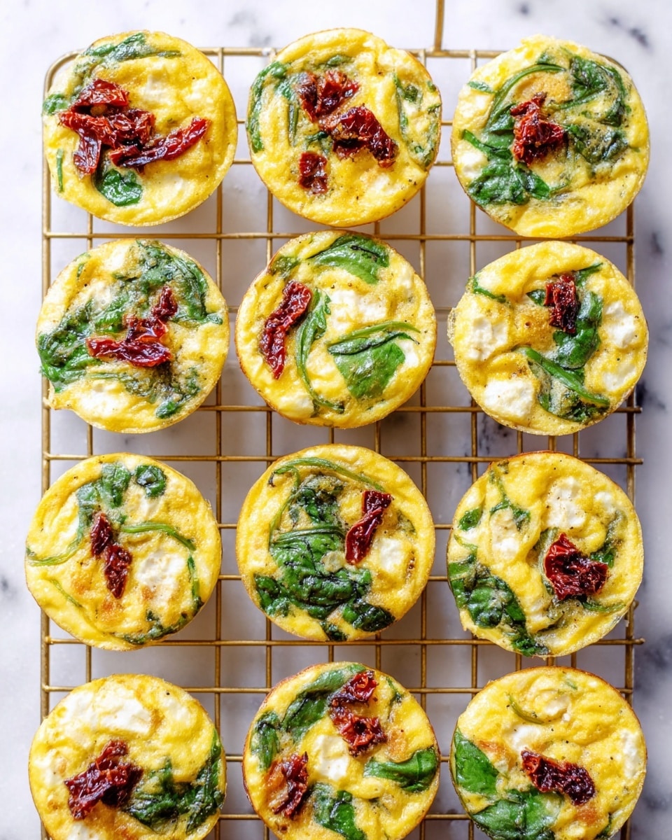 Twelve small, round egg muffins are arranged in a neat grid on a gold cooling rack over a white marbled surface. Each muffin has a bright yellow base layer of baked eggs mixed with visible bits of white cheese. Fresh green spinach leaves burst through the eggs in various spots, creating fresh and textured patches. Scattered unevenly across the tops are dark red sun-dried tomato pieces, adding contrast and a slightly chewy texture. The muffins look soft and moist with a slight golden finish. Photo taken with an iphone --ar 4:5 --v 7