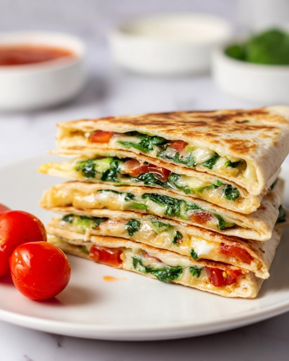 A white rectangular plate holds five triangular quesadilla slices stacked slightly overlapping. Each slice has a golden-brown toasted outer layer with a soft, light beige tortilla base. Inside, visible at the edges, are layers of melted cheese, small bits of red tomato, green spinach, and some melted white cheese which looks gooey and soft. Small green herb pieces are scattered on top and around the quesadillas. To the side on the plate are two halved bright red cherry tomatoes. The plate sits on a white marbled surface with a white cloth napkin nearby and a small glass bowl of chunky red salsa partially visible. photo taken with an iphone --ar 4:5 --v 7