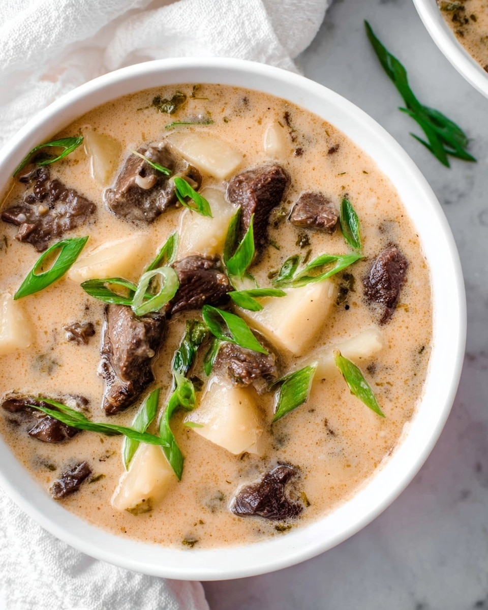 A white bowl filled with creamy light brown soup. Inside the soup, there are several dark brown beef chunks, and light beige potato pieces cut into irregular shapes. On top of the soup, thin slices of fresh green onions are scattered, adding a bright contrast to the creamy base. The bowl is placed on a white marbled surface with a white cloth napkin nearby. photo taken with an iphone --ar 4:5 --v 7