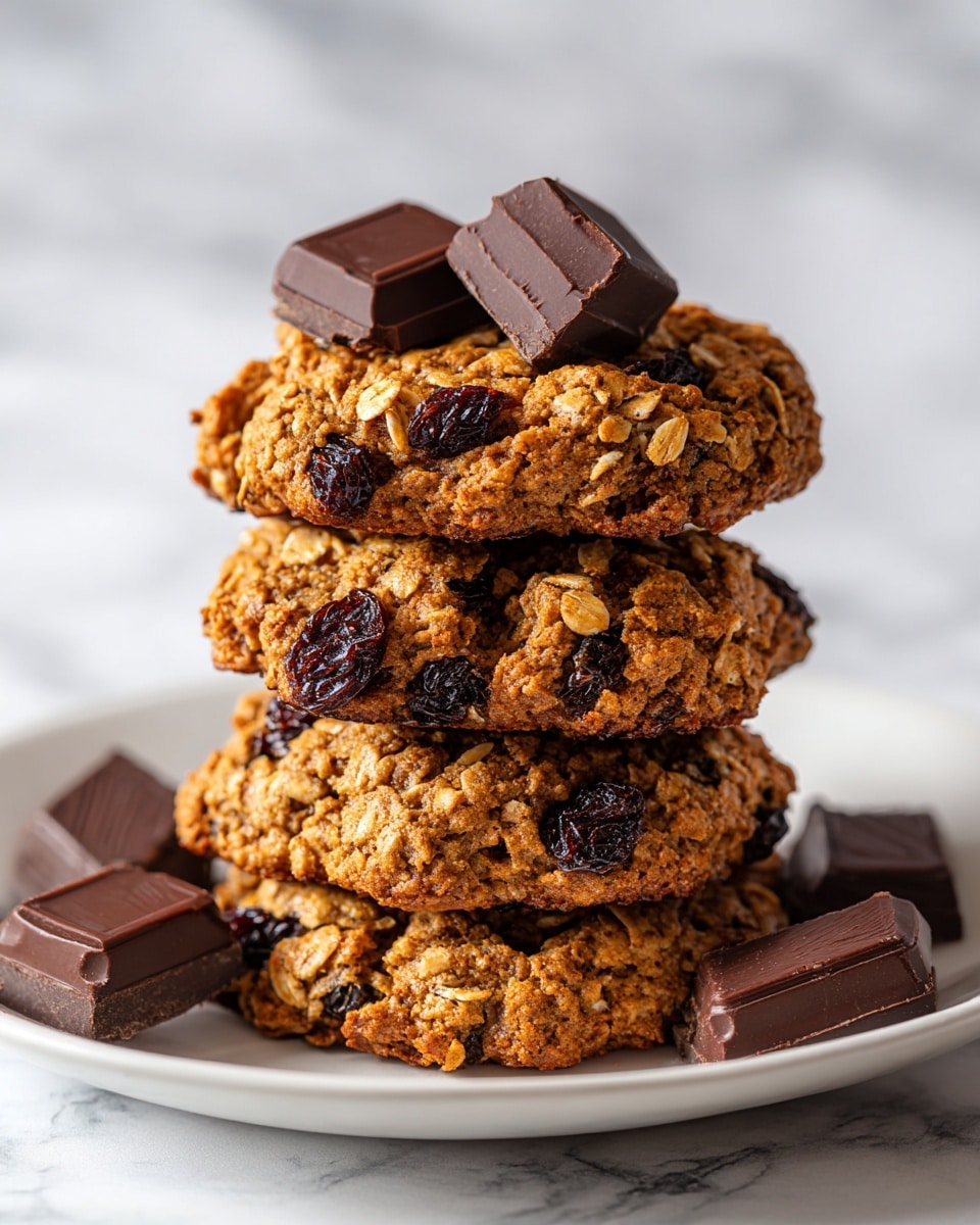 A stack of four thick oatmeal cookies with visible oats and dark raisins embedded on each cookie creates a textured, chunky look. The cookies are golden brown with slightly crispy edges and soft centers, topped with a piece of dark chocolate resting on the top cookie. Around the base on a white plate, several small chunks of dark chocolate are placed, enhancing the rich and cozy feel. The background is a white marbled texture, giving a clean and bright contrast to the warm cookies. photo taken with an iphone --ar 4:5 --v 7