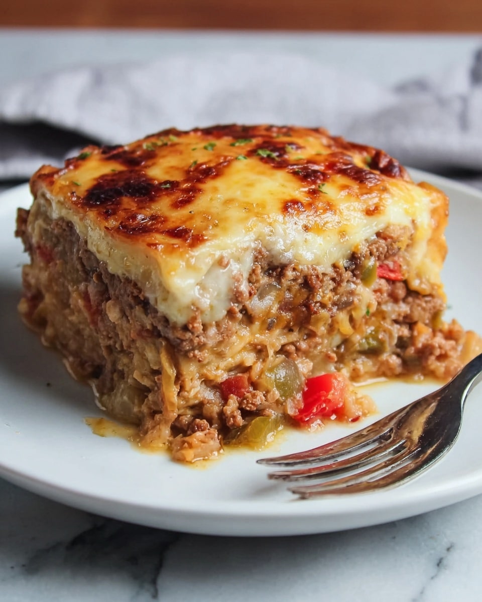 A white rectangular dish holds a freshly baked lasagna cut into nine square pieces. The top layer is a golden-brown melted cheese with darker browned spots and some bubbling texture. Beneath the cheese, there is a thick red tomato sauce layer mixed with meat, visible where some cheese has slightly slipped off the edge. The edges of the dish show drips of sauce and melted cheese running down the sides. The dish is set on a white marbled surface. Photo taken with an iphone --ar 4:5 --v 7
