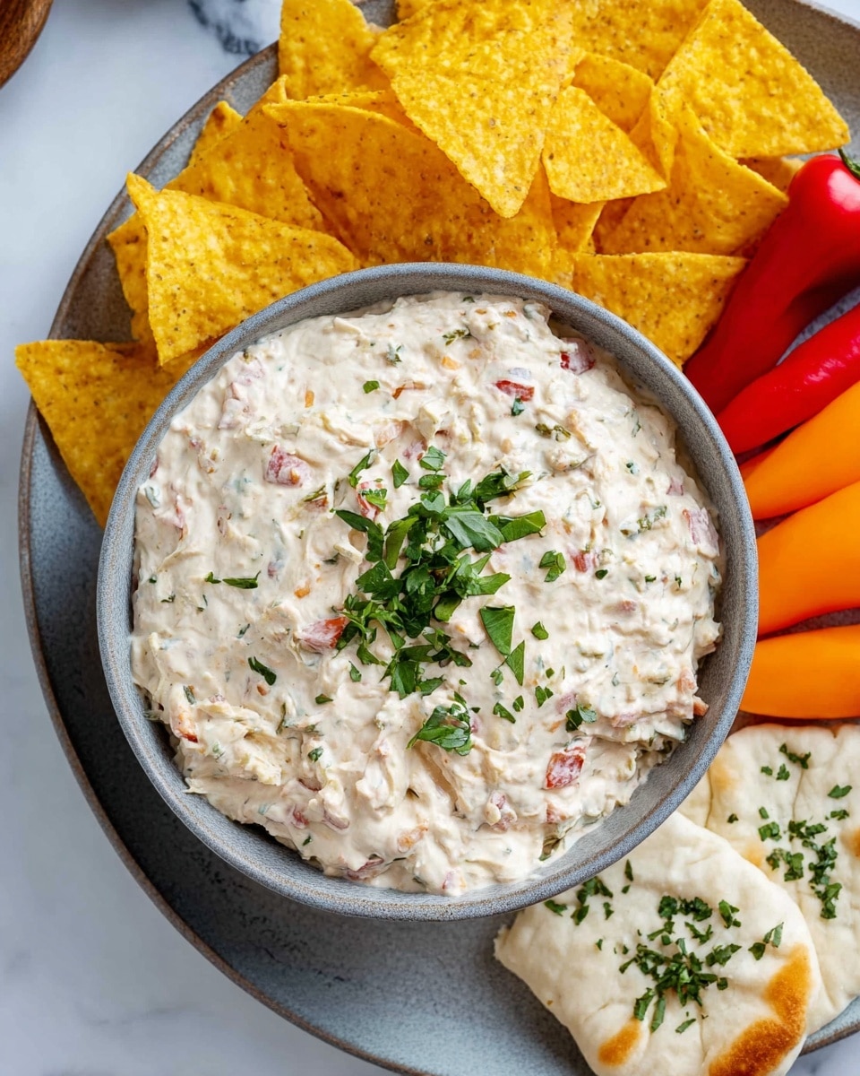A grey bowl filled with a creamy, thick white dip mixed with small bits of red and topped with finely chopped green herbs. The bowl is placed on a plate with yellow tortilla chips on the upper left, bright orange and red mini sweet peppers on the lower left, and pieces of white pita bread sprinkled with green herbs on the lower right. The whole setting is on a white marbled surface. photo taken with an iphone --ar 4:5 --v 7