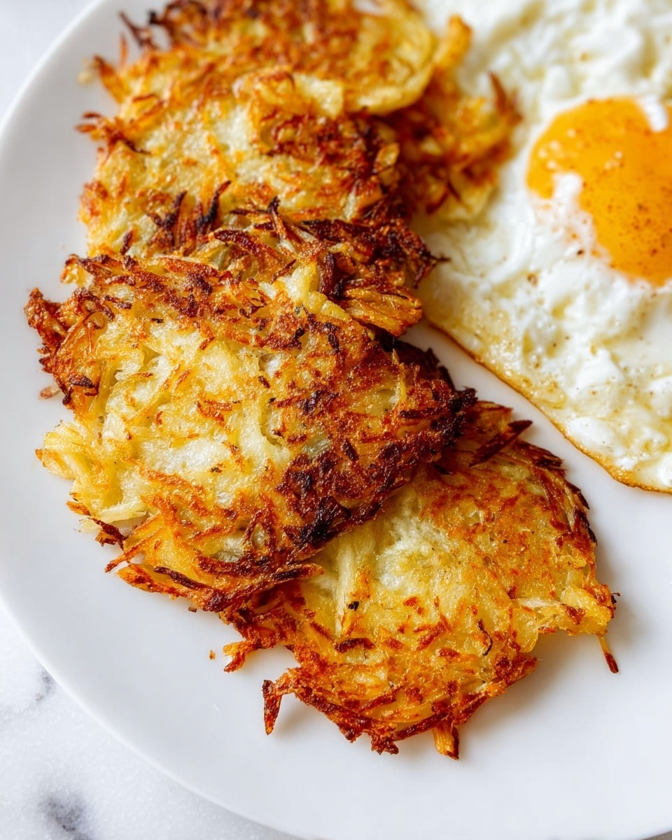 Close-up of three golden brown potato latkes stacked together on a white plate, showing a crispy outer layer with visible strands of fried shredded potato. To the top right, a white fried egg is partially visible with slightly browned edges. The plate sits on a white marbled texture. photo taken with an iphone --ar 4:5 --v 7