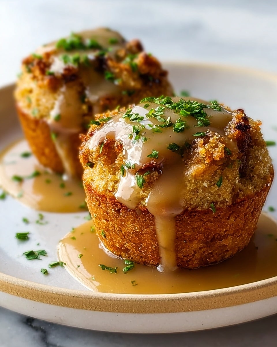 Two small baked cornbread muffins sit side by side on a white plate with a light tan rim, placed on a white marbled surface. Each muffin has a rough, golden-brown crumb crust on top, covered by a shiny, smooth light brown gravy or sauce that pools slightly around the base. Freshly chopped green herbs sprinkle over the sauce and muffins, adding small bright green flecks to the warm, earthy tones of the dish. The muffins have a crunchy and moist texture visible, with soft insides peeking through the crumbly tops. photo taken with an iphone --ar 4:5 --v 7