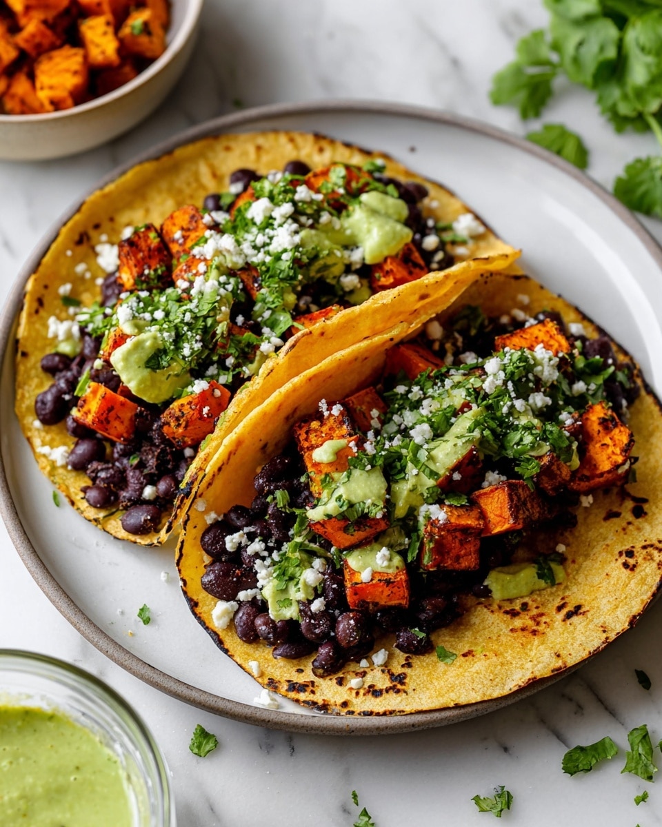 Two tacos are placed side by side on a white plate with a gray rim, sitting on a white marbled surface. Each taco has a light golden-brown corn tortilla with slight charring. Inside, there are three visible layers: the bottom layer has black beans that are soft and dark purple, the middle layer has bright orange roasted sweet potato cubes with a slightly crispy texture, and the top layer includes bright green cilantro leaves scattered throughout. Over the fillings, there are dollops of creamy pale green avocado sauce, and a light sprinkling of white crumbly cheese is visible on top. To the side, there are extra sweet potato cubes and sprigs of fresh cilantro, with a clear glass bowl filled with creamy green sauce partly visible. Photo taken with an iphone --ar 4:5 --v 7