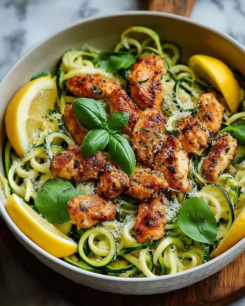 A black bowl holds a dish with two main layers. The bottom layer is light green zucchini noodles, curly and fresh with some translucent shine. On top, there are golden brown grilled chicken pieces, garnished with small green herb flakes and sprinkled white coarse salt. Bright green basil leaves sit on the chicken, adding a fresh touch, along with two lemon wedges tucked near the edge of the bowl. The bowl sits on a white marbled surface. Photo taken with an iphone --ar 4:5 --v 7