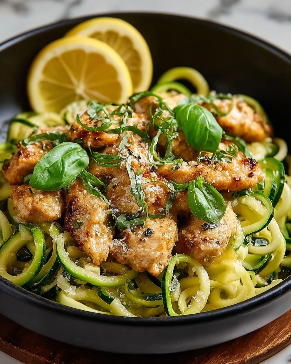 The dish shows a white bowl filled with two layers: the bottom layer has light green and dark green spiraled zucchini noodles with a soft texture, and the top layer has crispy golden brown grilled chicken pieces seasoned with herbs, scattered evenly across the noodles. Garnished on top are bright green fresh basil leaves and sprinkled coarse salt, adding a rough texture, with lemon wedges placed around the edge of the bowl. The bowl sits on a white marbled texture surface. photo taken with an iphone --ar 4:5 --v 7