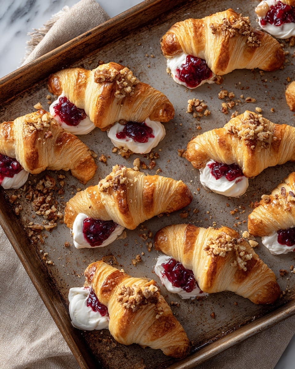 The image shows ten mini croissants arranged in two rows on a rustic baking pan. Each croissant is golden brown with a glossy, slightly crisp texture on the outside. They are filled with a creamy white layer that looks soft and smooth, topped with bright red berry jam that has a slightly chunky texture. Small pieces of chopped nuts are sprinkled on top of the jam, adding a crunchy contrast. The pan has some scattered crumbs from the nuts and croissants. The pan rests on a beige cloth on a white marbled textured surface. photo taken with an iphone --ar 4:5 --v 7