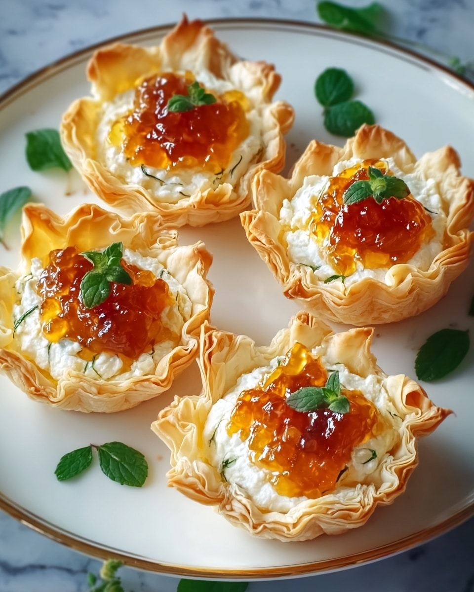Four small tartlets sit on a white plate with a gold rim, each tartlet has three layers: a bottom layer of light golden-brown flaky puff pastry with ruffled edges, a middle layer of creamy white cheese filling, and a top layer of shiny amber-orange jam with visible chunks, garnished with a small green herb leaf. Around the plate are scattered green leaves, all set on a white marbled surface. photo taken with an iphone --ar 4:5 --v 7