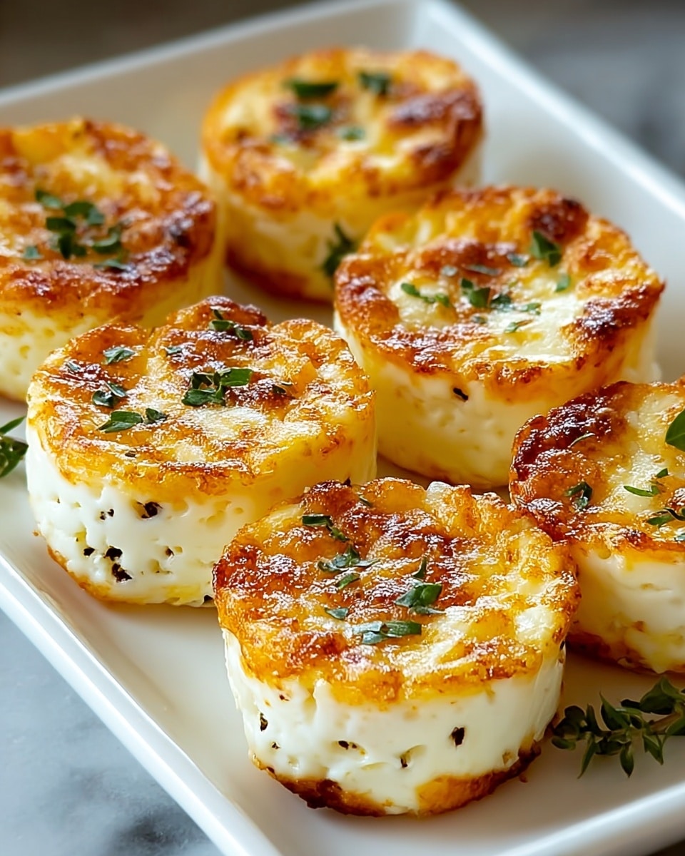 The image shows seven small round cheese bites, each about two layers high, placed closely on a white rectangular plate. The bottom layer is creamy white with small black specks, while the top layer is golden brown and slightly crispy with a few green herb bits sprinkled on top. The cheese bites have a slightly chewy texture and are evenly browned on the edges. The plate rests on a white marbled surface. photo taken with an iphone --ar 4:5 --v 7