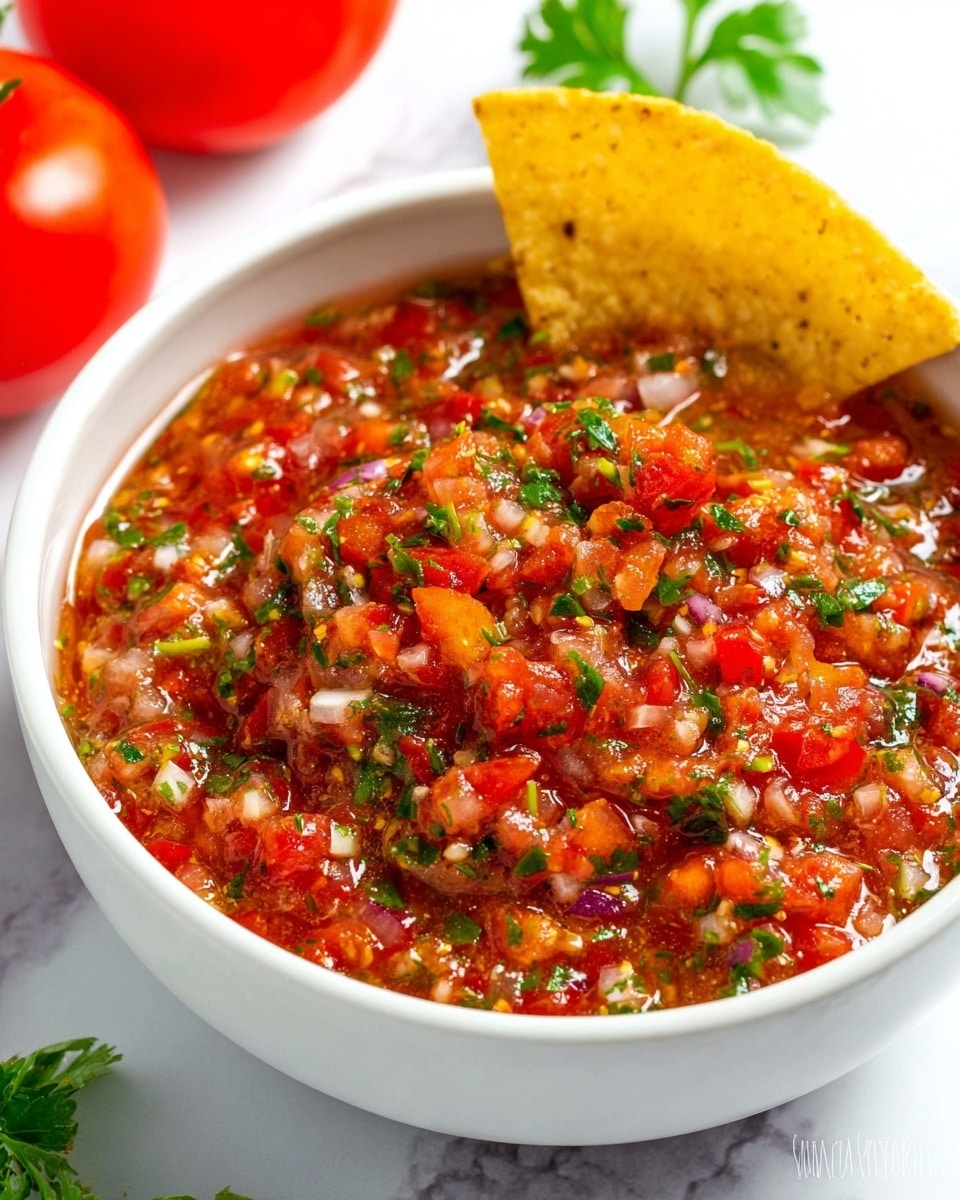 A close-up view of a white bowl filled with chunky red salsa showing three distinct layers: a bright red tomato base mixed with finely chopped white onions and bits of green cilantro; small pieces of red chili pepper and green herbs scattered throughout, adding texture and color contrast; and some fresh cilantro leaves on top for garnish. A yellow tortilla chip is dipped into the salsa at the top left corner of the bowl, which is placed on a white marbled surface with more yellow tortilla chips around it. photo taken with an iphone --ar 4:5 --v 7