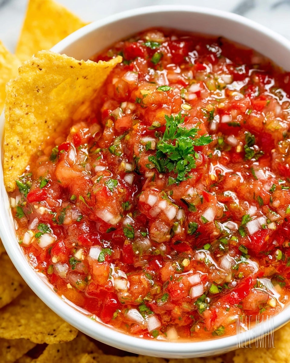 A white bowl filled with chunky red salsa made of finely chopped tomatoes, onions, green herbs, and small bits of red peppers, showing a wet, juicy texture. A yellow tortilla chip is dipped into the salsa on the right side of the bowl. The bowl sits on a white marbled surface, with two whole red tomatoes blurred in the background on the top left and a few sprigs of green herbs on the bottom left. Photo taken with an iphone --ar 4:5 --v 7