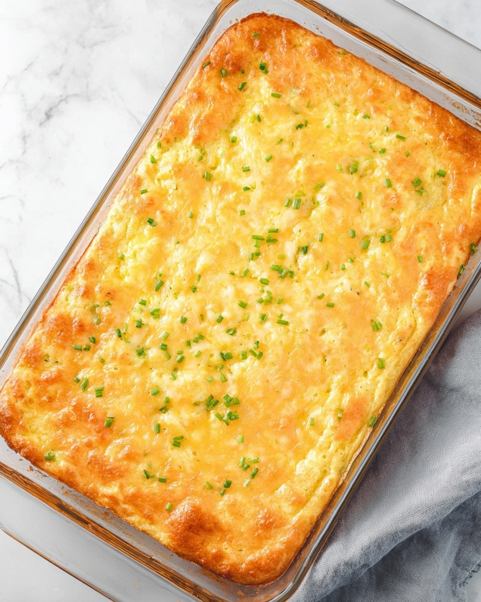 A rectangular glass baking dish holds a baked dish with a golden-brown crust around the edges and a smooth, melted cheese layer on top. The cheese is a mix of light yellow and white, showing a slightly bubbly and creamy texture spread evenly across the surface. Small green pieces of chopped chives are scattered lightly over the cheese. The dish rests on a white marbled surface with a soft gray cloth visible near one corner. photo taken with an iphone --ar 4:5 --v 7