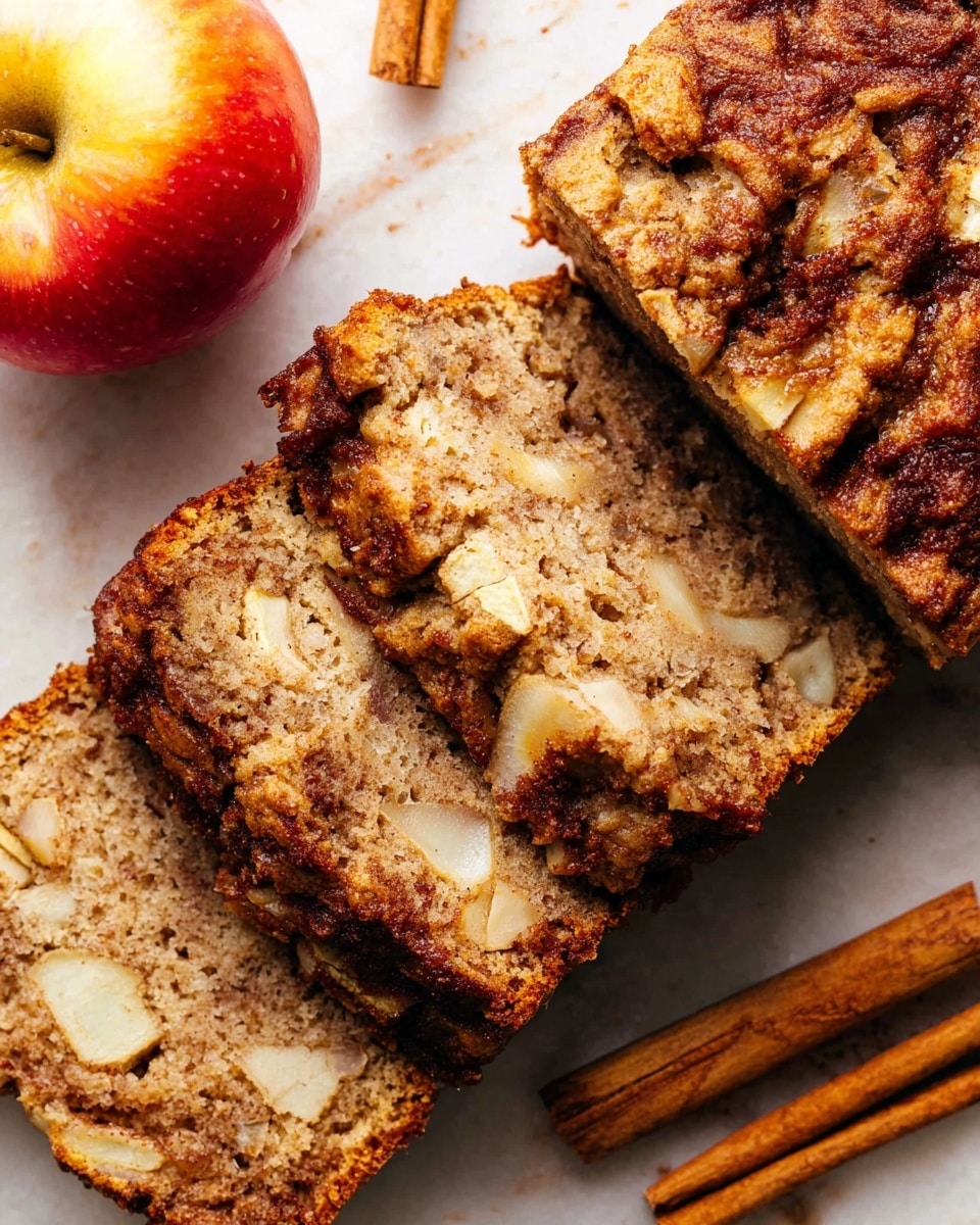 The image shows several slices of apple cinnamon bread on a white marbled surface. The bread has two main layers: the inside is light brown with visible small white apple chunks, and the top layer is darker brown with a textured look from cinnamon swirls, giving a slightly rough, caramelized surface. Beside the bread slices, there is a whole red and yellow apple and three cinnamon sticks, adding color and spice context to the scene. The bread slices appear moist and dense with a crumbly crust. Photo taken with an iphone --ar 4:5 --v 7