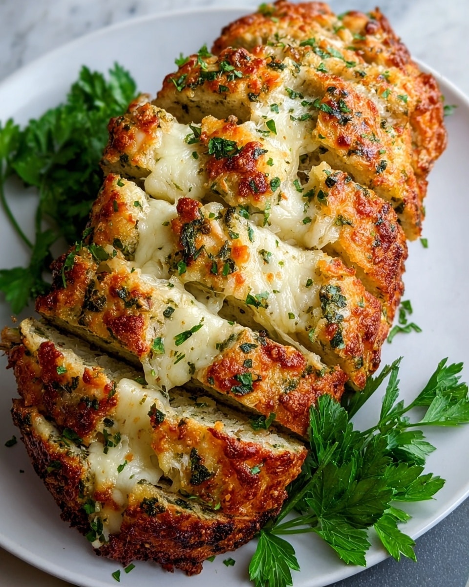 A white plate holds several thick slices of a baked, golden-brown cheesy loaf. The loaf is made of two main layers: a top and bottom layer with a crispy, browned crust flecked with chopped green herbs, surrounding a middle layer of melted white cheese that stretches between the slices. The loaf’s surface is uneven with bubbly cheese spots and is sprinkled with finely chopped parsley. Fresh parsley sprigs are placed beside the slices, enhancing the fresh look. The plate rests on a white marbled surface. photo taken with an iphone --ar 4:5 --v 7