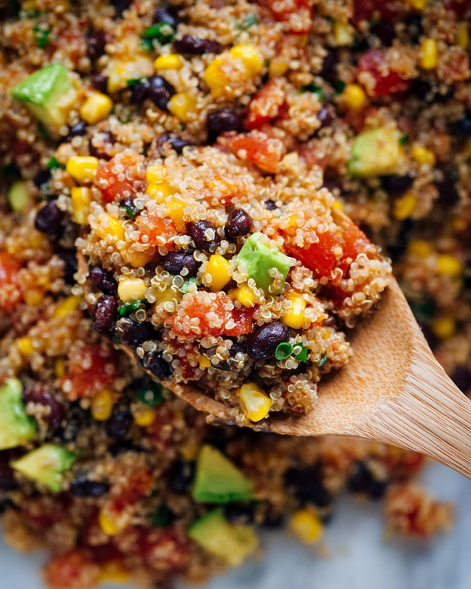 A close-up of a blue cast iron pan filled with a mixed dish, showing several layers: a base of small, round, tan quinoa grains, scattered black beans, and small cubes of bright green avocado evenly mixed throughout. There are also yellow corn kernels and small diced pieces of red tomatoes adding vibrant color. The mix has some green herbs sprinkled all over, giving a fresh look. The pan is placed on a white marbled texture surface. photo taken with an iphone --ar 4:5 --v 7