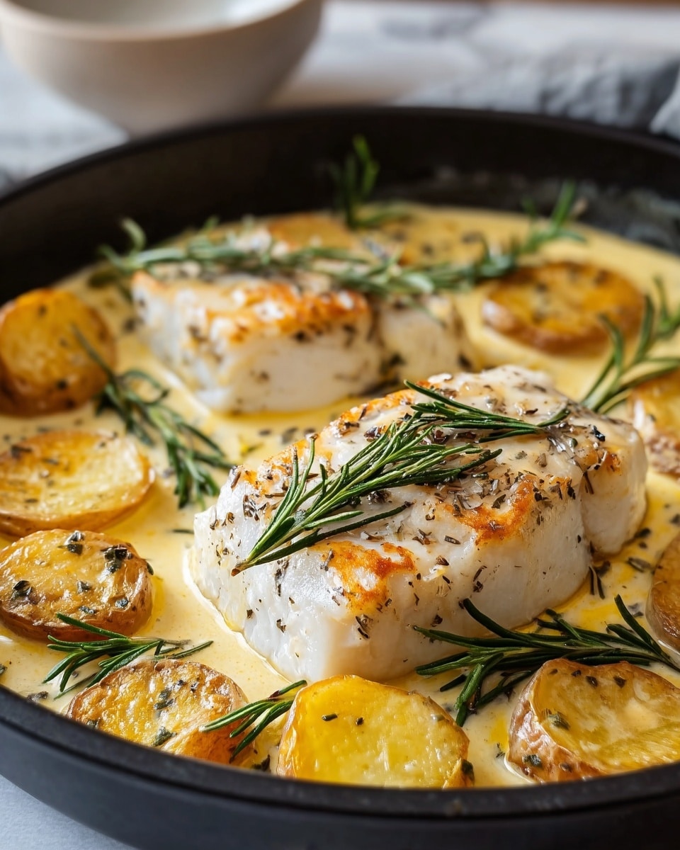 A close-up of a black skillet filled with a creamy light yellow sauce, layered with two thick pieces of white fish fillets that have a golden brown grilled texture on top, sprinkled with black pepper and fresh green rosemary sprigs. Around the fish are golden roasted potato slices with a slightly crispy edge, partially submerged in the sauce. The skillet rests on a white marbled surface with a blurred white bowl in the background. photo taken with an iphone --ar 4:5 --v 7