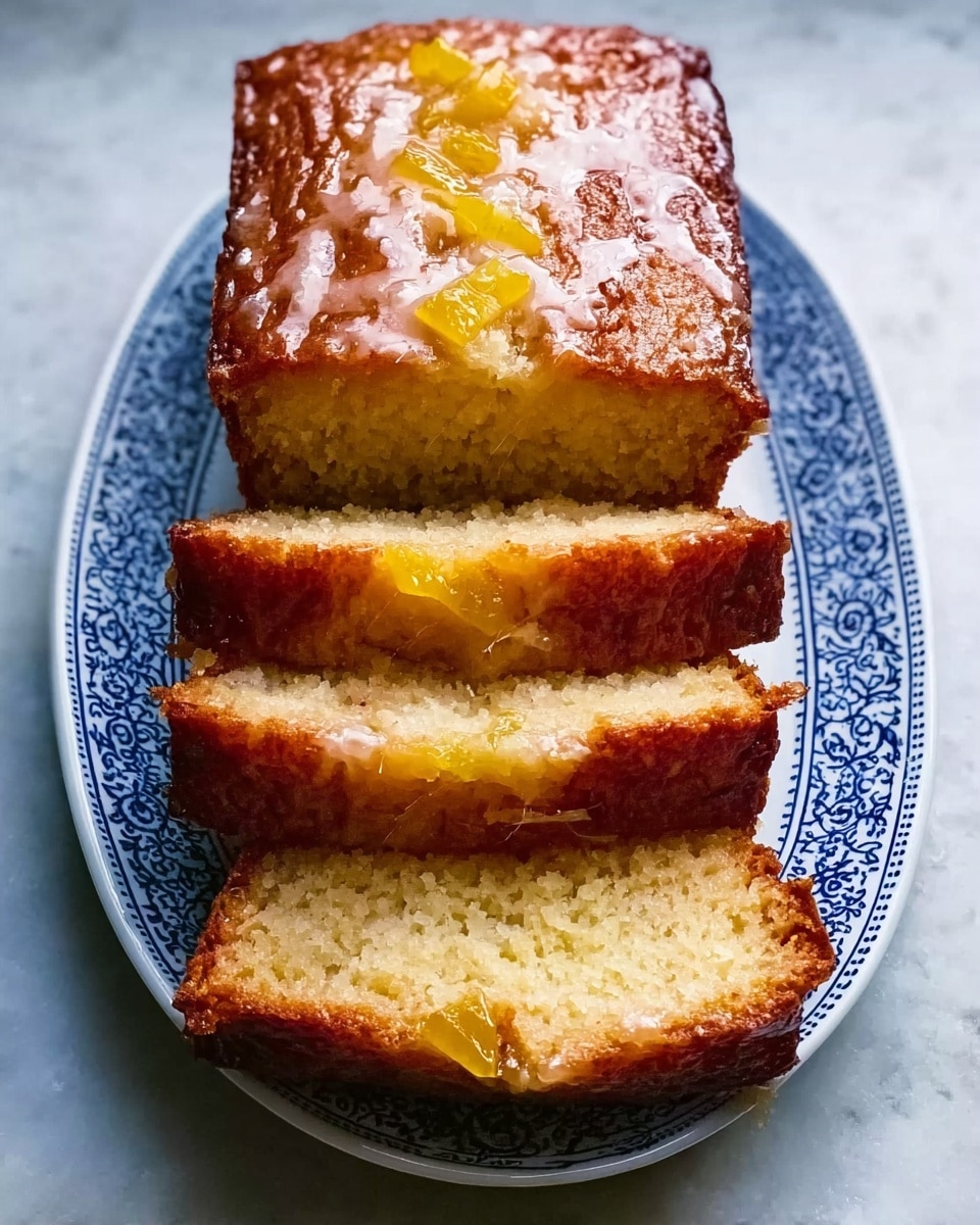 A loaf cake cut into four slices is placed on a white plate with blue patterns. The cake has a golden brown crust with a moist, light yellow inside. On top, there is a shiny glaze with small pieces of yellow fruit, arranged in a line down the center of the cake. The cake texture looks soft and dense. The plate rests on a white marbled textured surface. Photo taken with an iphone --ar 4:5 --v 7