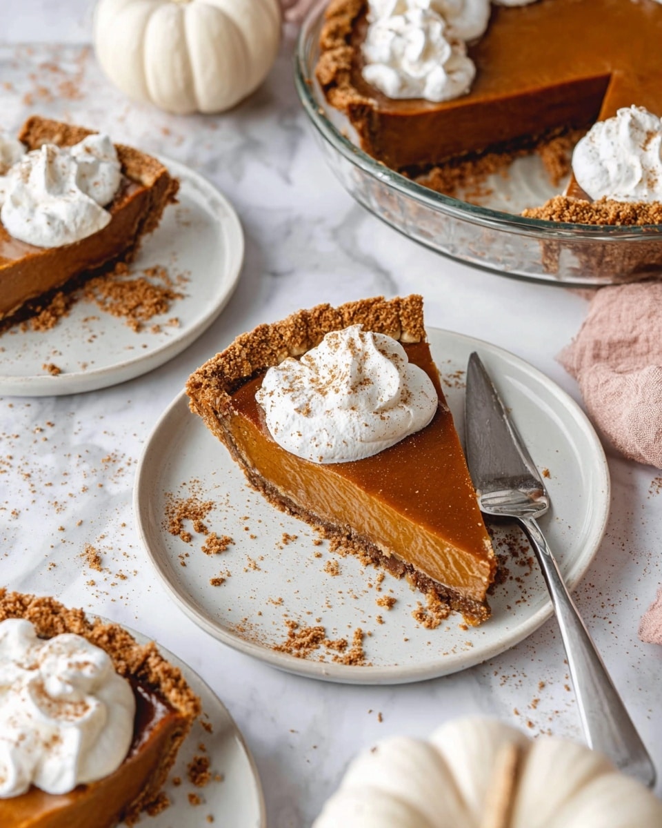 A slice of pumpkin pie with a golden-brown crust at the bottom and sides, filled with a smooth, dense, orange-brown pumpkin filling, topped with a generous swirl of white whipped cream sprinkled with light brown cinnamon powder, all placed on a white plate with a silver fork resting beside the pie, set on a white marbled surface. photo taken with an iphone --ar 4:5 --v 7