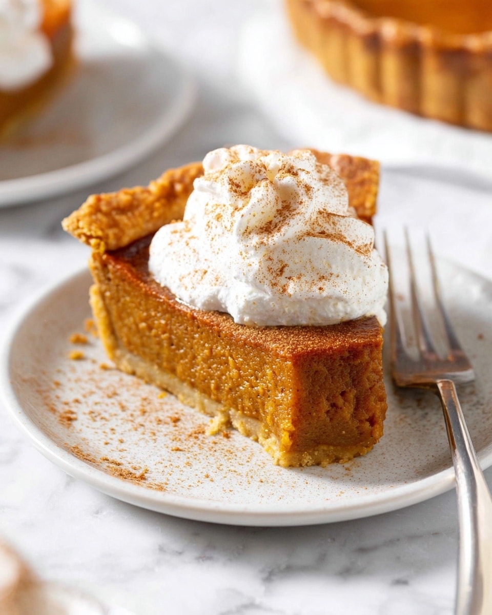 The image shows a pumpkin pie cut into several slices on white plates, each slice featuring three clear layers: a thick, crumbly dark brown crust at the bottom, a smooth, shiny orange pumpkin filling in the middle, and a dollop of white whipped cream on top sprinkled with a light dusting of brown cinnamon. The pie is placed in a clear glass pie dish with a metal server resting inside, surrounded by scattered brown crumbs. The background is a white marbled surface with a few small white pumpkins placed around. Photo taken with an iphone --ar 4:5 --v 7