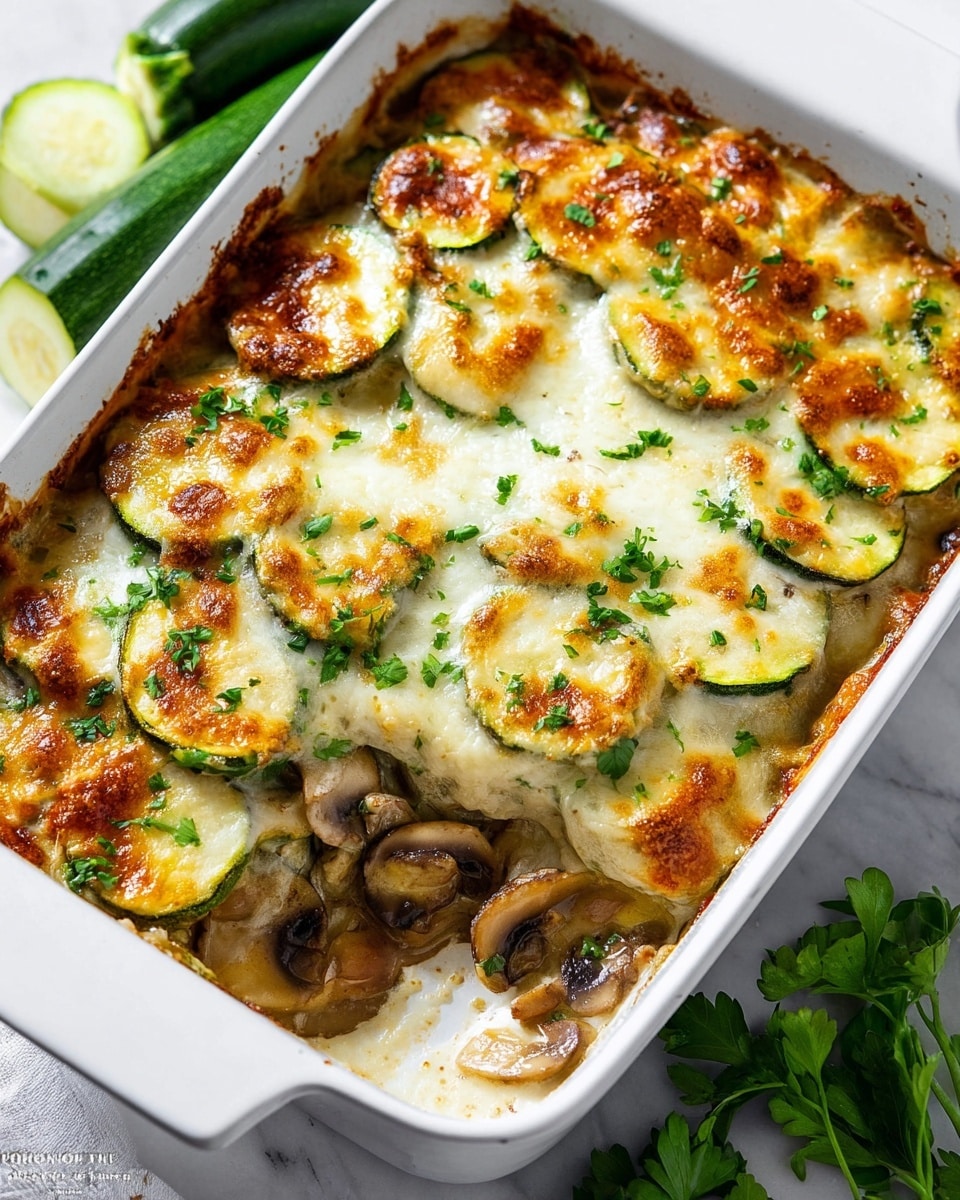 The image shows a close-up of a baked casserole in a white baking dish with a wooden spoon scooping a portion. The dish has chunks of golden brown chicken mixed with thick slices of green zucchini and brown mushrooms, all covered by a melted, bubbly layer of lightly browned cheese. Small sprigs of fresh green herbs are sprinkled on top, adding a touch of color. The casserole looks creamy and rich, with the cheese forming a slightly crispy, caramelized crust. The background is a white marbled surface with a gray cloth partially visible on the side. Photo taken with an iphone --ar 4:5 --v 7