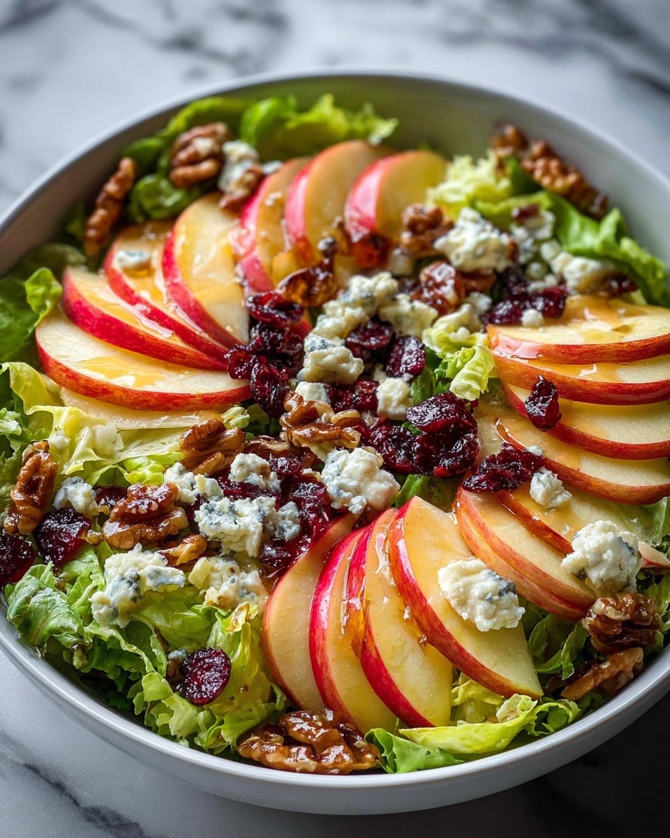 A white bowl holds a fresh salad with four curved layers of thin, red and yellow apple slices placed evenly around the bowl. Under the apples, a bed of bright green leafy lettuce fills the space, adding texture and height. Scattered across the top are small chunks of white cheese with blue specks, deep red dried cranberry pieces, and lightly browned walnut pieces, giving a mix of creamy, tart, and crunchy elements. The salad looks lightly drizzled with a shiny dressing that catches the light. The bowl sits on a white marbled surface. photo taken with an iphone --ar 4:5 --v 7