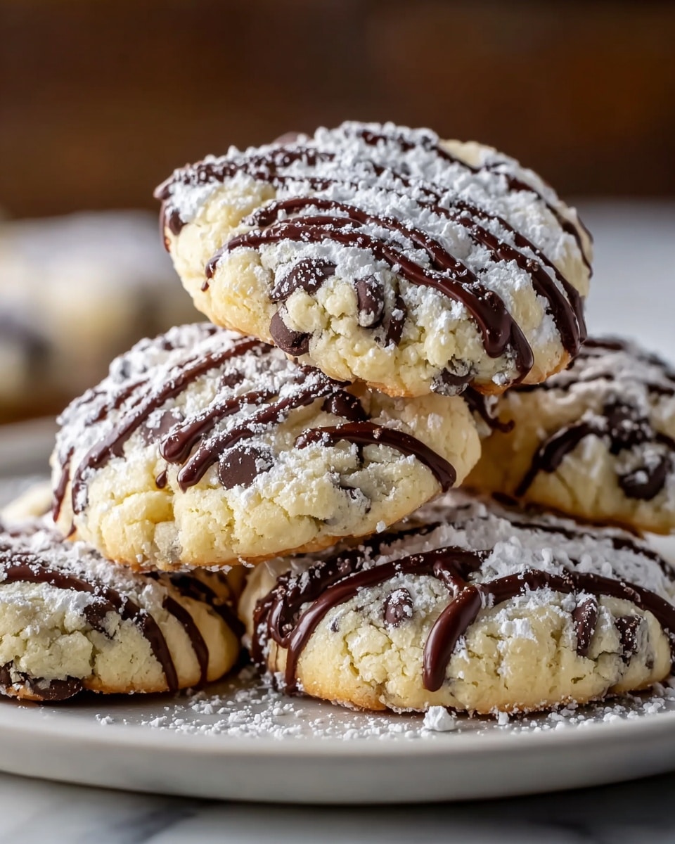 The image shows several round cookies with a golden brown color and a soft, crumbly texture. Each cookie is topped with thin, uneven dark chocolate drizzle lines running vertically and sprinkled with white powdered sugar, giving a snowy look. The cookies have visible dark chocolate chips embedded in their surface, and they are stacked closely together on a plate. The plate is white, and the background has a white marbled texture. Photo taken with an iphone --ar 4:5 --v 7