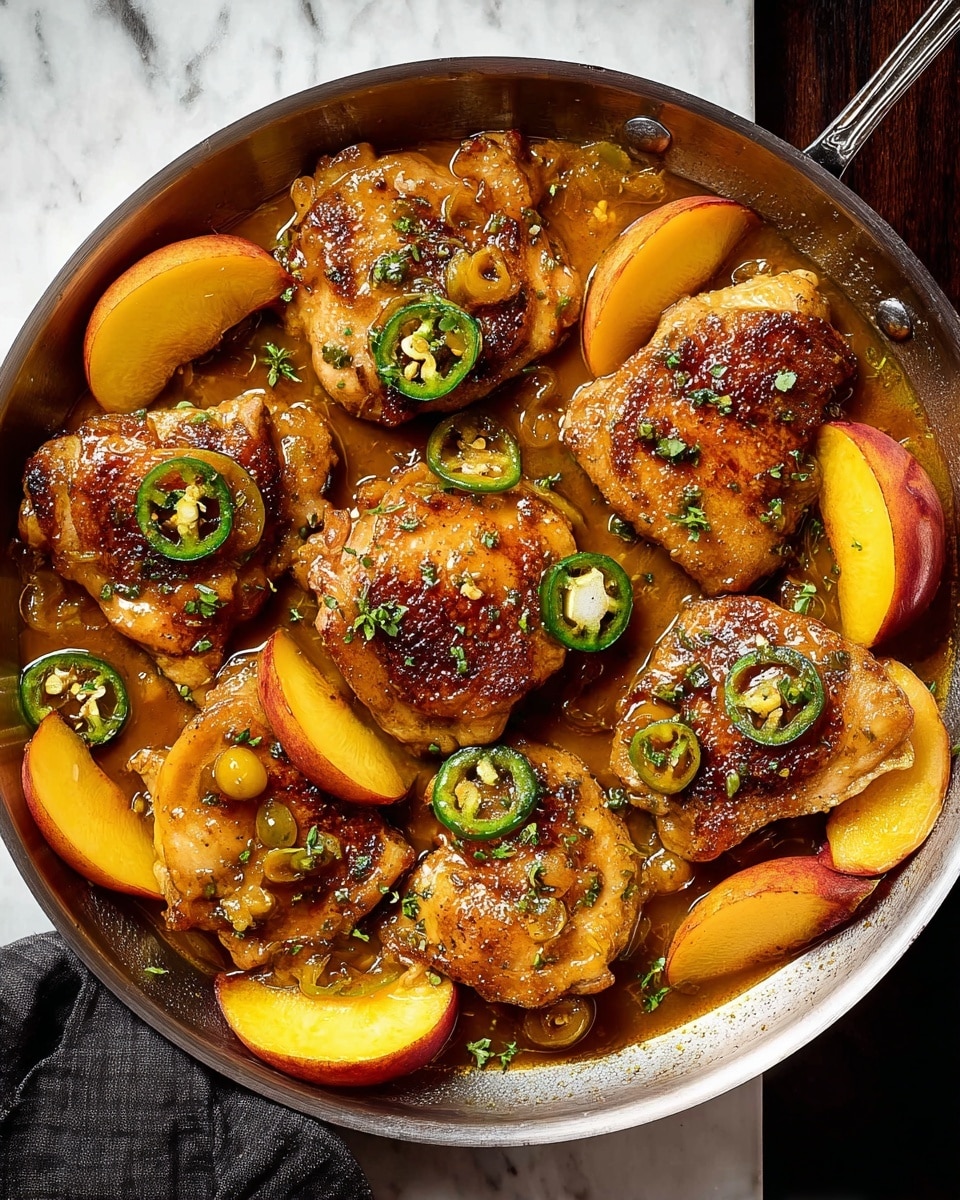 The dish shows six pieces of cooked chicken thighs with a golden-brown seared texture, placed in a silver pan filled with a glossy orange-brown sauce. Slices of yellow and red peaches are spread evenly among the chicken pieces, adding bright pops of color. Thin green jalapeño slices are scattered on top, giving a fresh and slightly spicy look. Small green herb bits are sprinkled over the dish, enhancing the visual appeal. The pan rests on a white marbled surface with a dark cloth napkin partially visible on the side. photo taken with an iphone --ar 4:5 --v 7