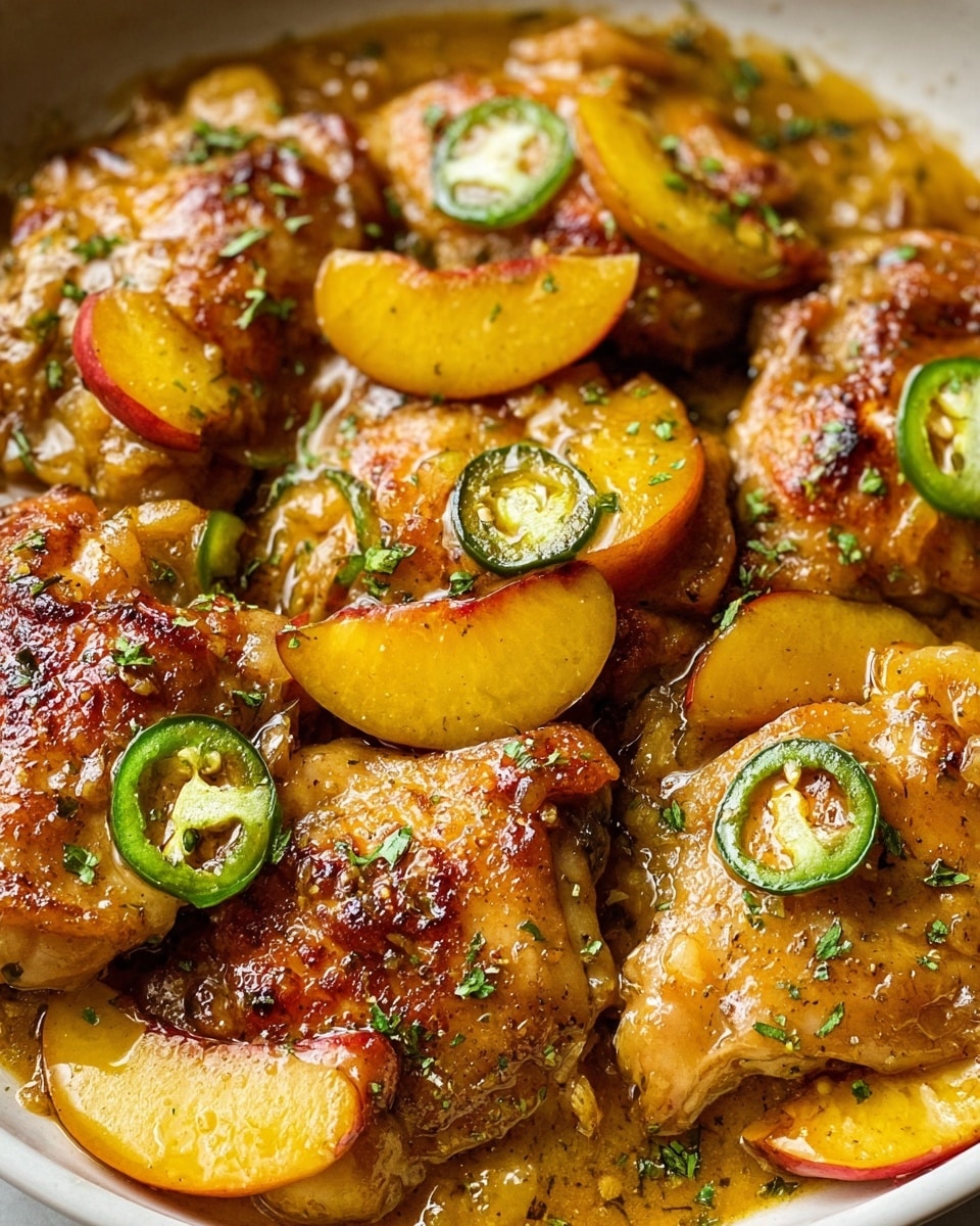 The image shows several pieces of golden-brown chicken thighs covered in a shiny sauce, arranged closely together in a white dish. Each chicken piece has a sliced yellow peach and a green jalapeño ring on top, adding bright color and texture contrast. The sauce is thick, light brown, and glossy, pooling around the base of the chicken. Small green herbs are sprinkled over the chicken and sauce, giving a fresh touch. The background is a white marbled texture. Photo taken with an iphone --ar 4:5 --v 7